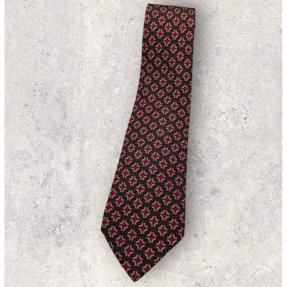 HERMÈS Silk Tie FRANCE 7331 EA Burgundy Green Geometric Monogram H W:3.4" EUC